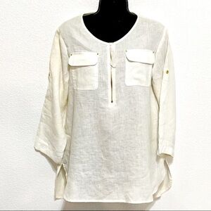 NWT Ellen Tracy 100% LINEN Women Chalk Roll Cuff Sleeve Shirt Size M